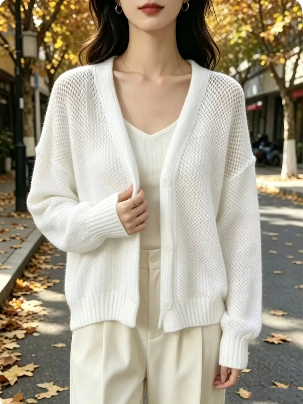 V-neck Open-knit Button-down Cardigan (4)