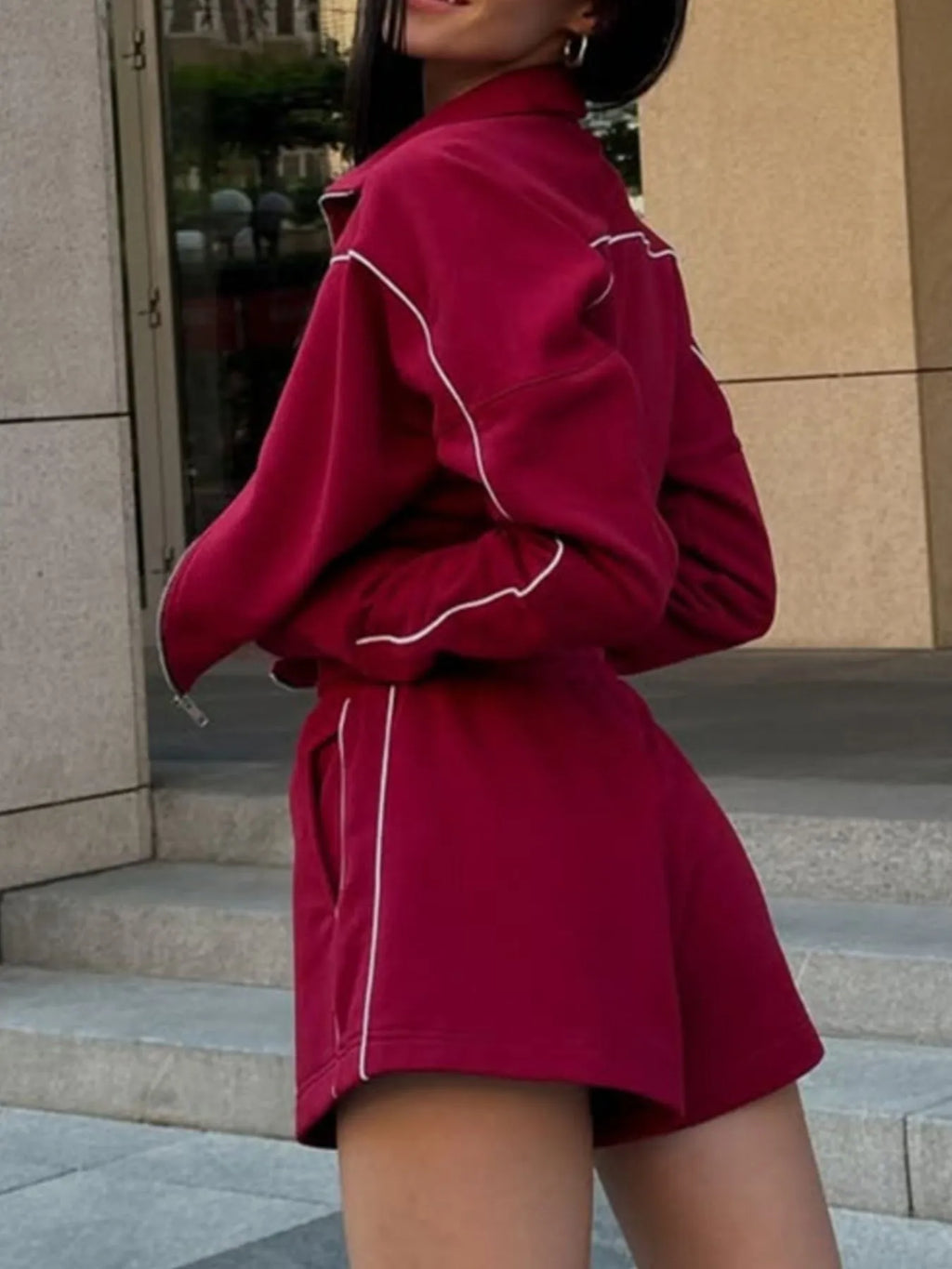 Zip Up Long Sleeve Top Shorts Set (12)