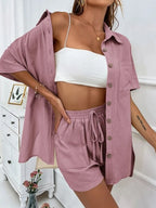 Button Up Shirt Drawstring Shorts Set (3)