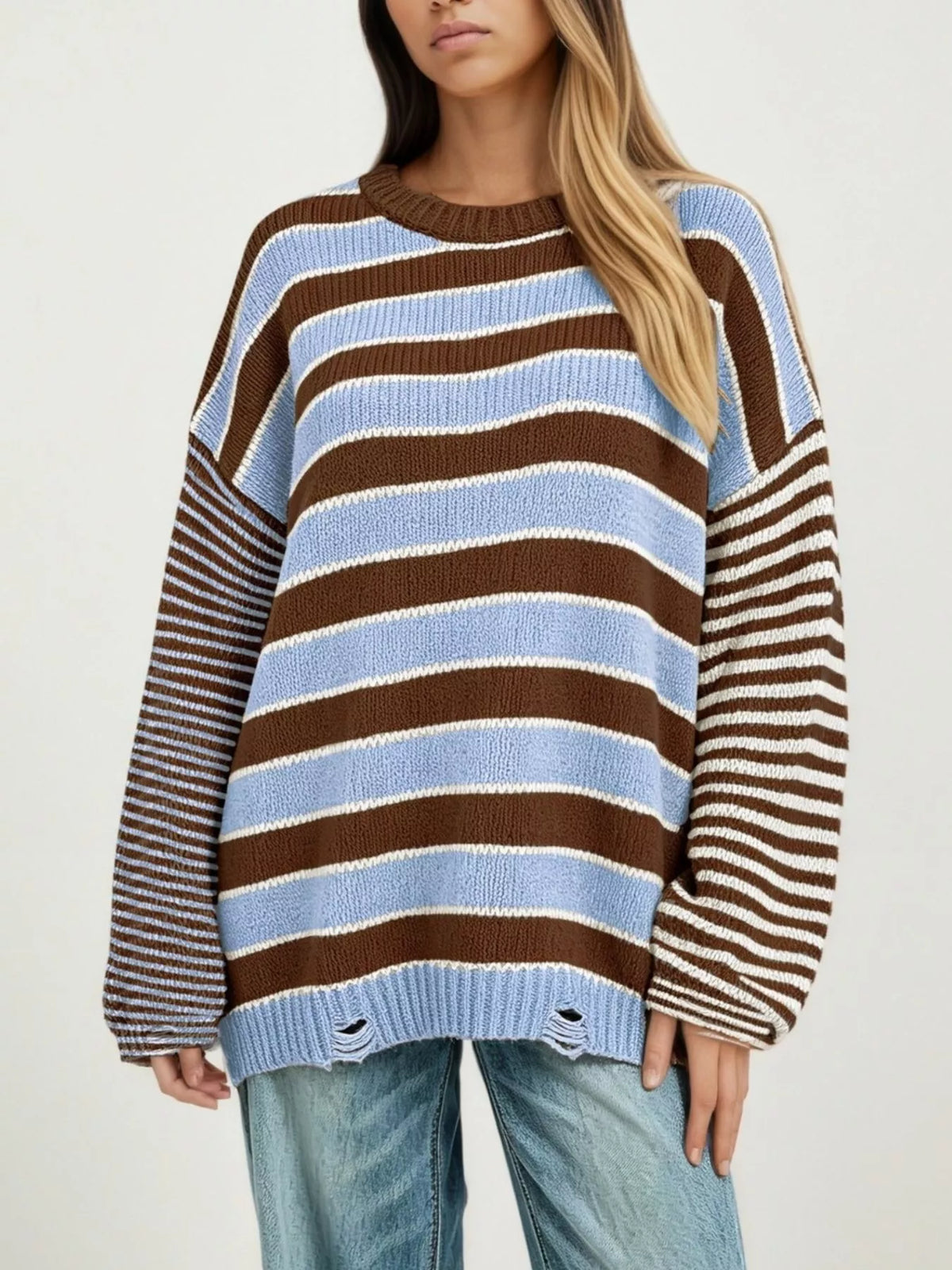 Oversized Striped Distressed Sweater (6)