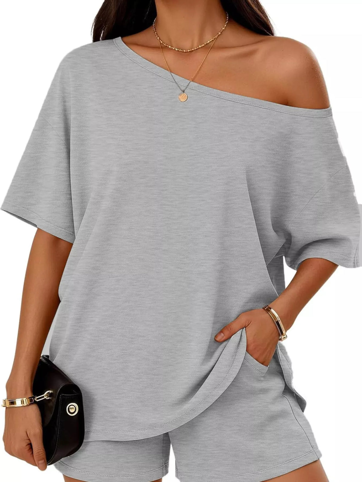 Full Size One Shoulder Top Shorts Set Plus (10)