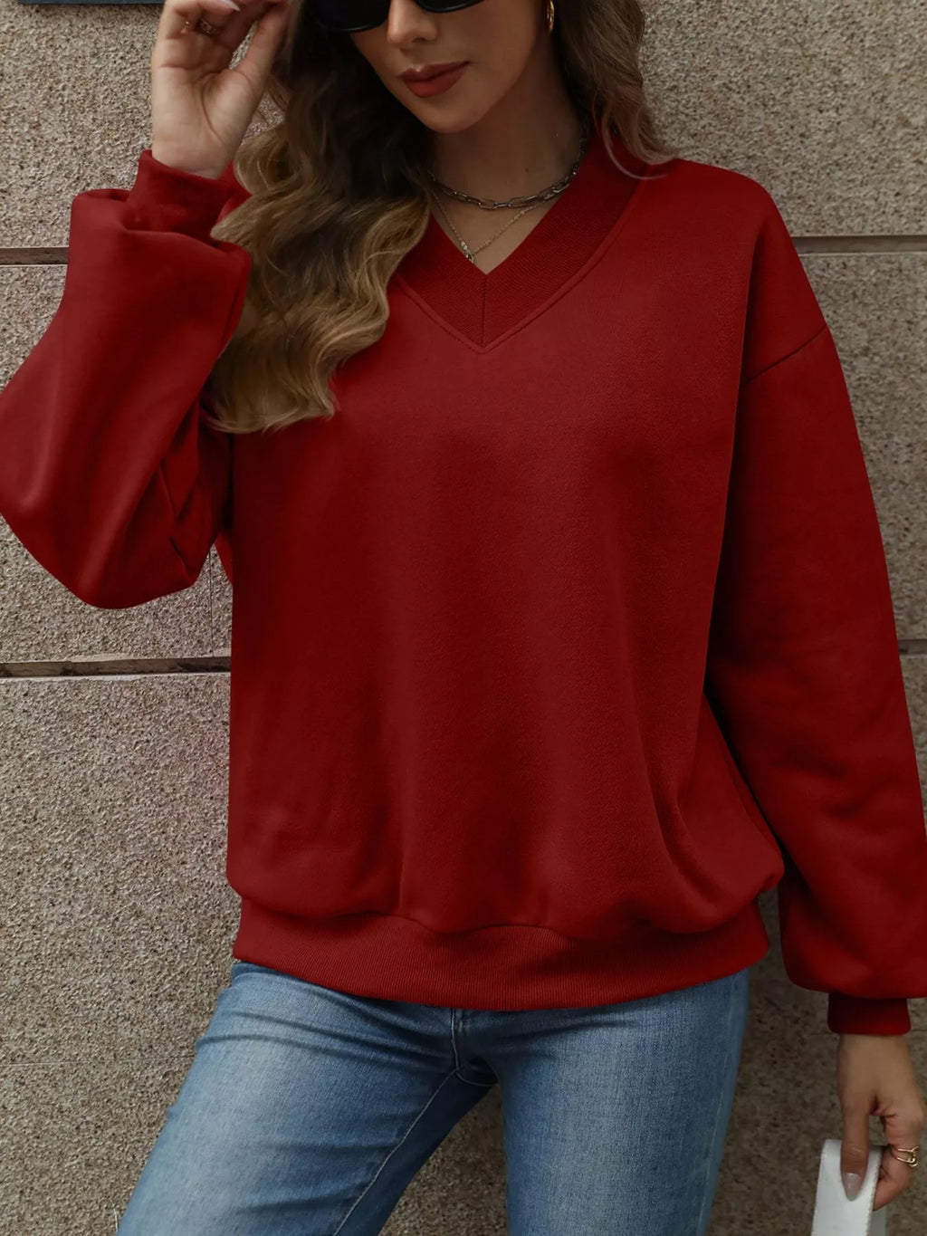 V-neck Solid Color Casual Sweatshirt (22)