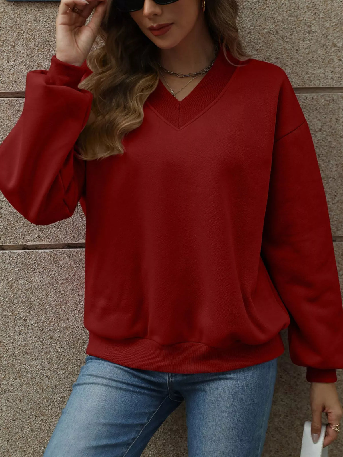 V-neck Solid Color Casual Sweatshirt (22)