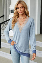 Slit V-neck Long Sleeve T-shirt (4)