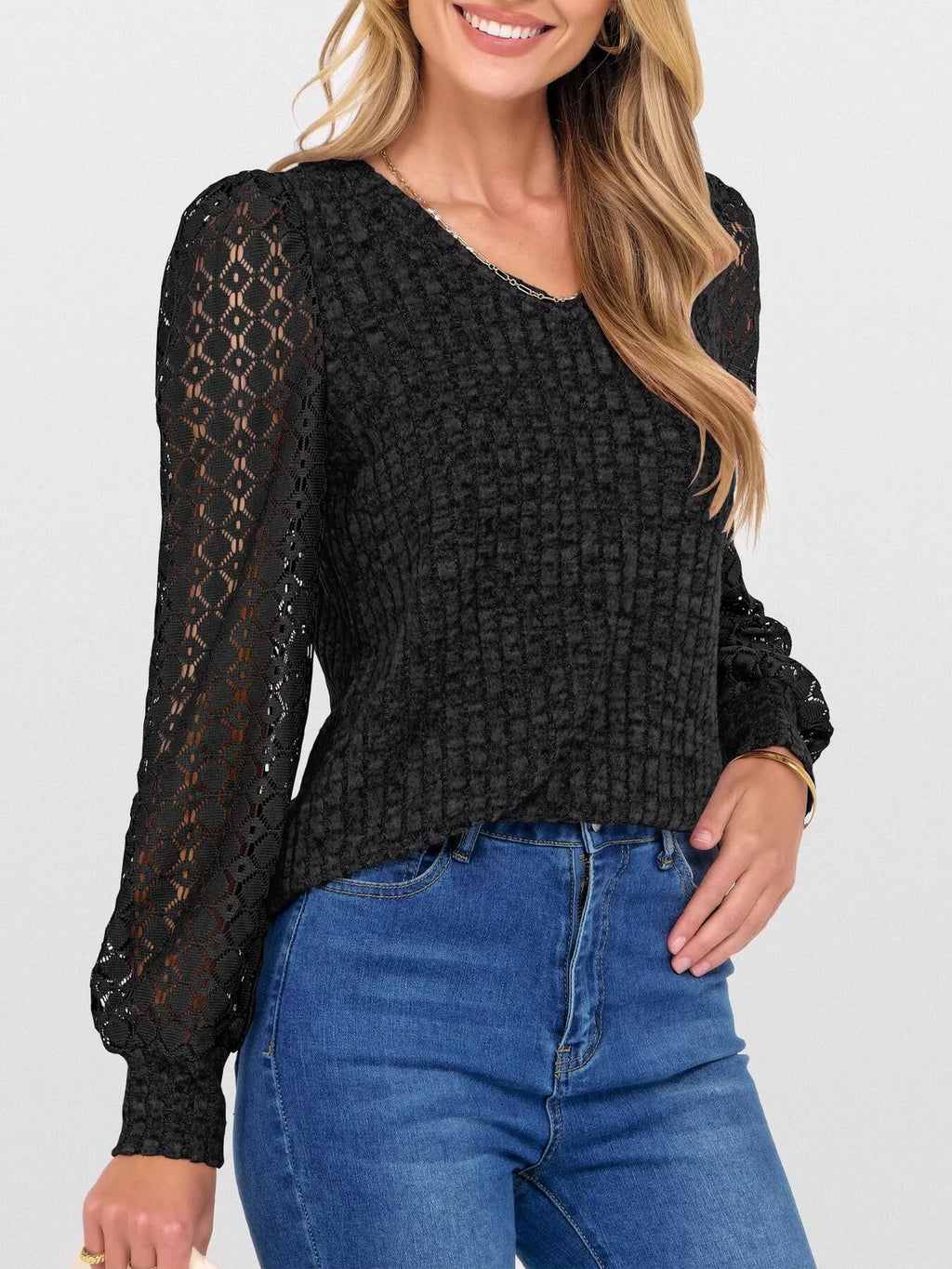 Lace Sleeve V-neck T-shirt (12)