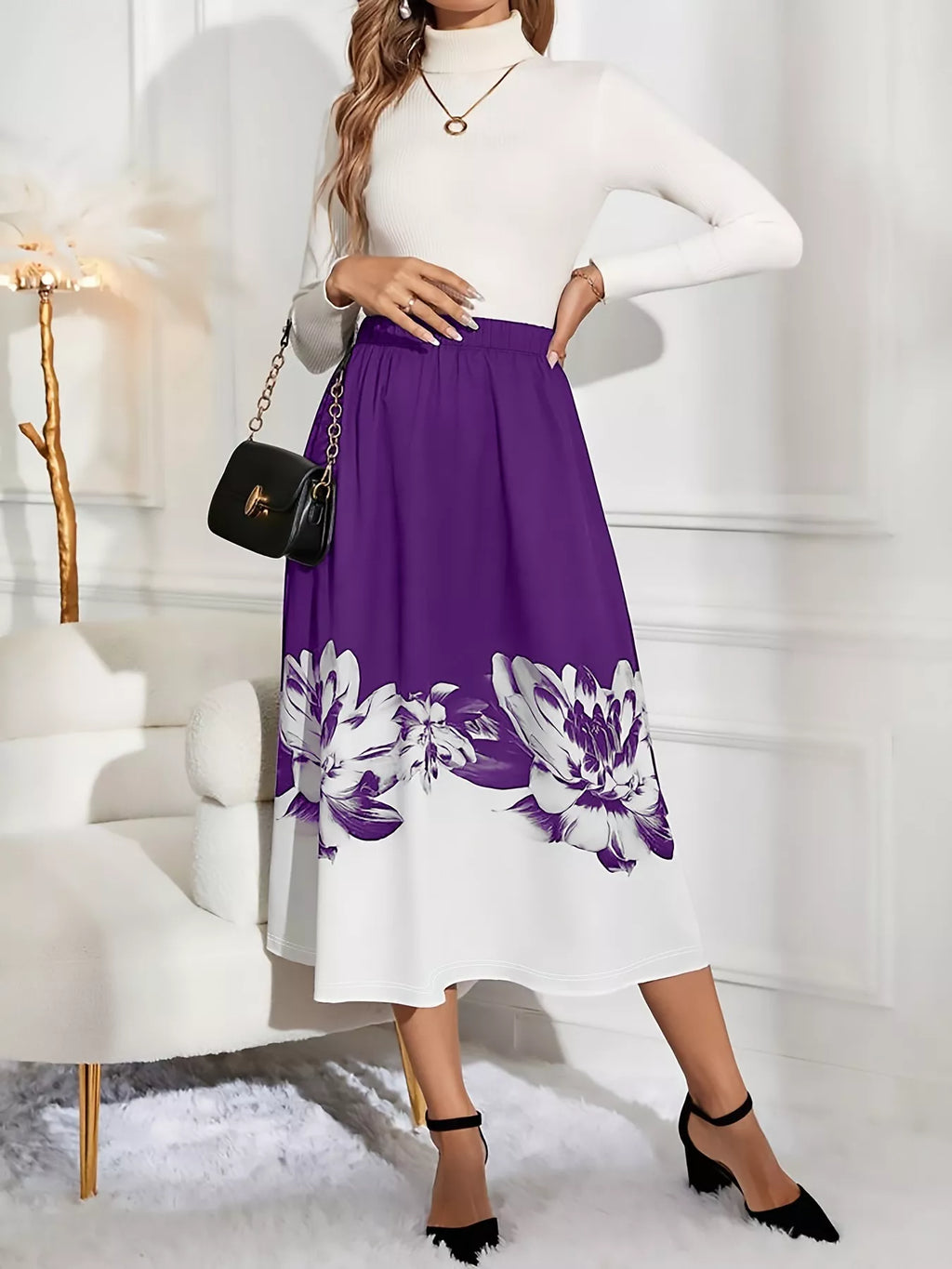 Floral Print A-line Midi Skirt