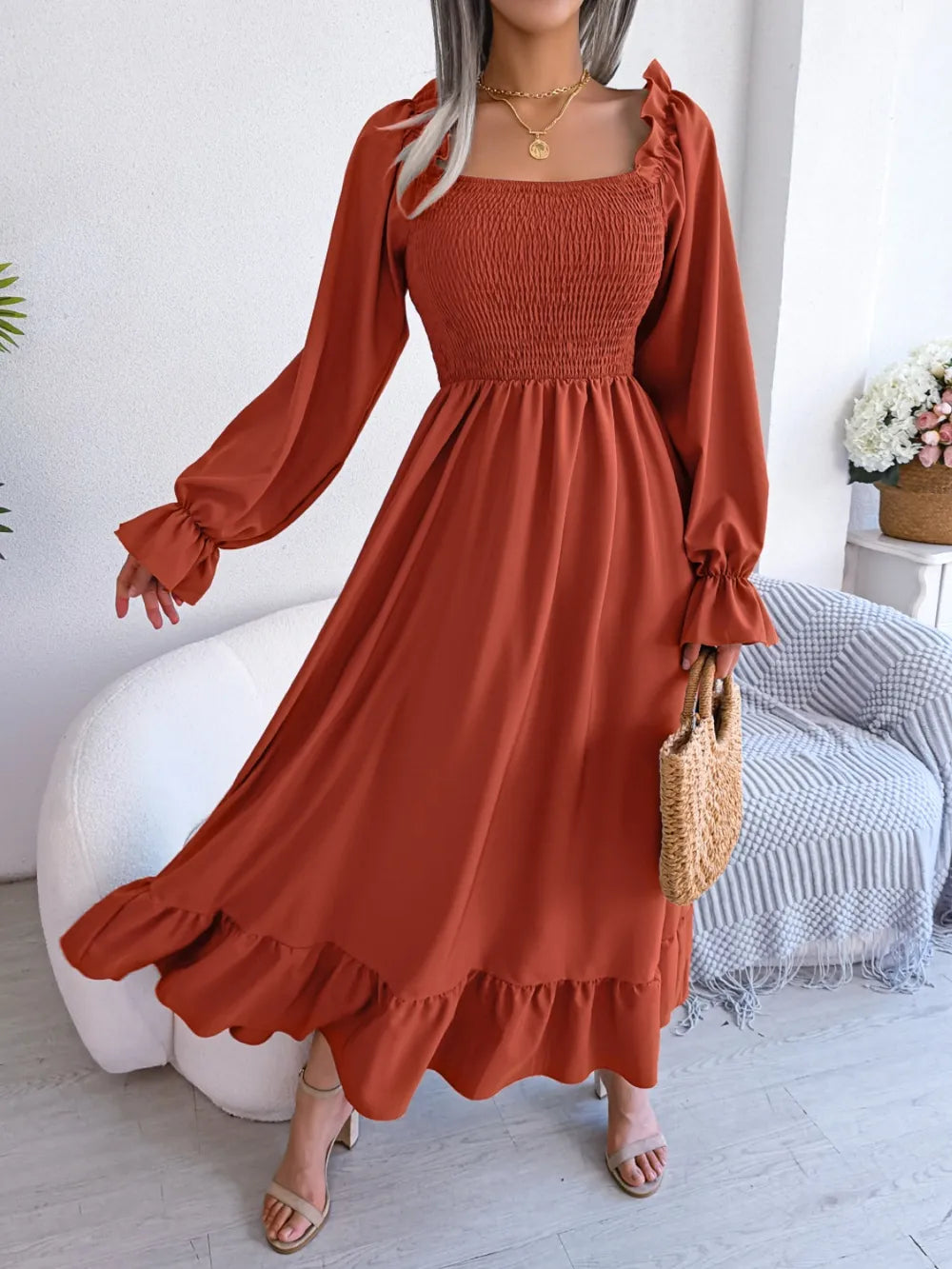 Smocked Square Neck Flounce Sleeve Dress (5)