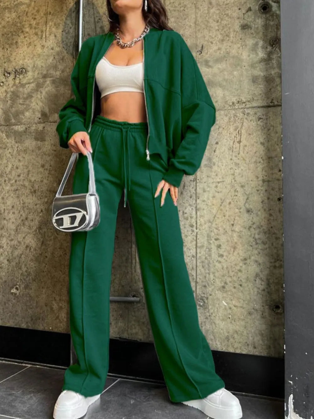 Baseball Collar Zip Up Top Drawstring Paants Set (20)