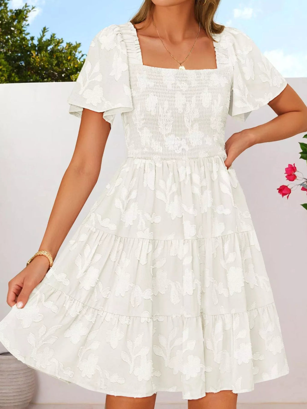 Smocked Square Neck Tiered Mini Dress (14)