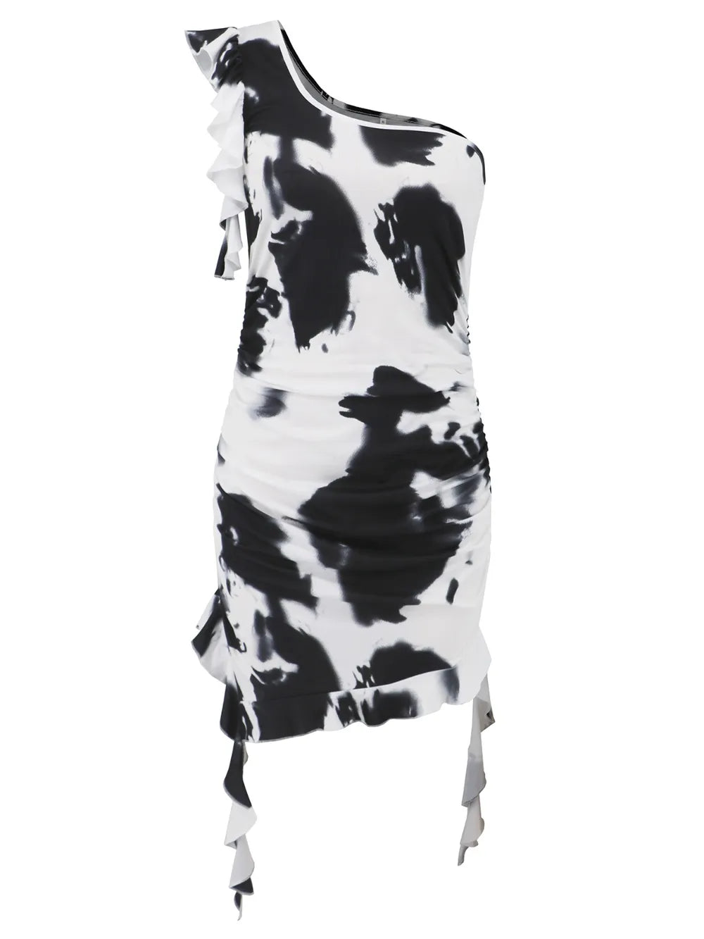 Ruffled Tie-dye Single Shoulder Mini Dress (5)