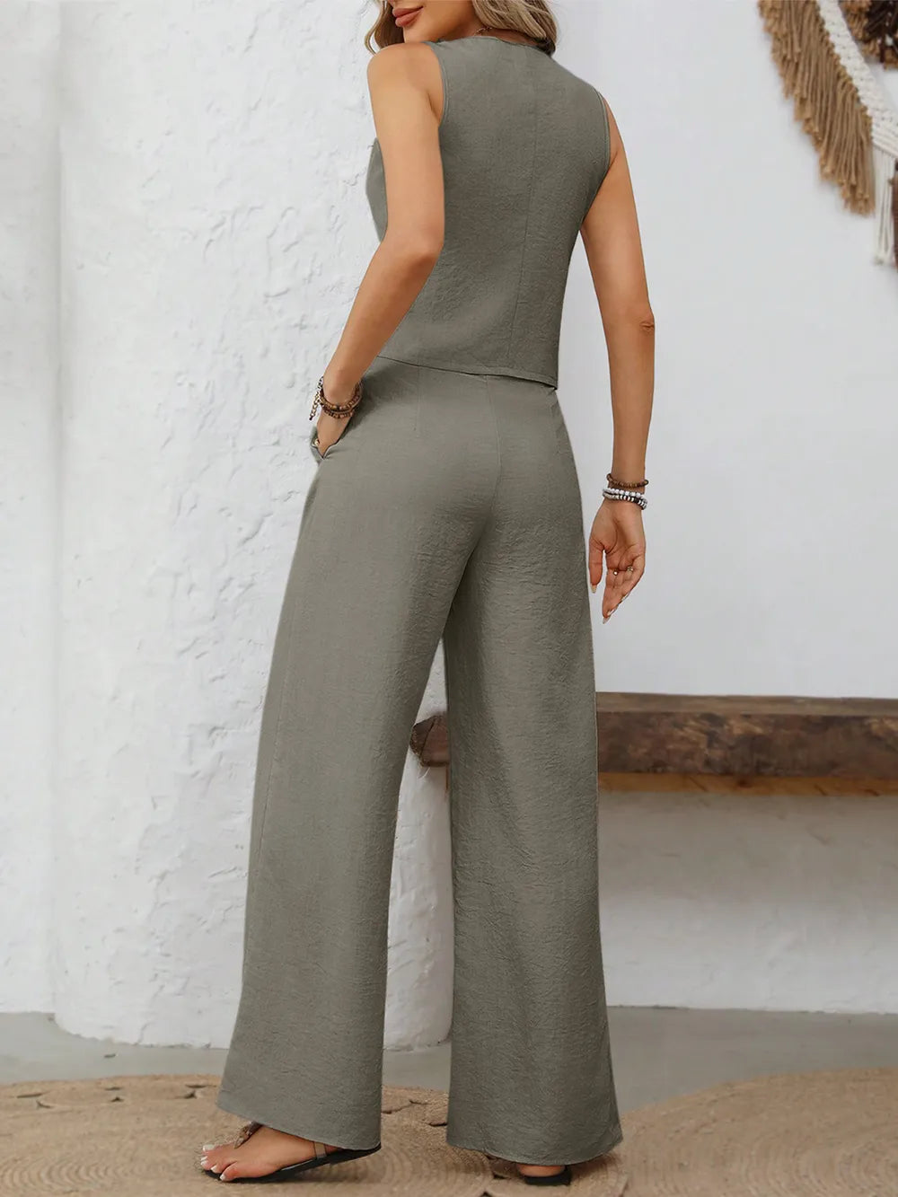 V-neck Button Down Vest Wide Leg Pants Set (6)
