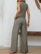 V-neck Button Down Vest Wide Leg Pants Set (6)