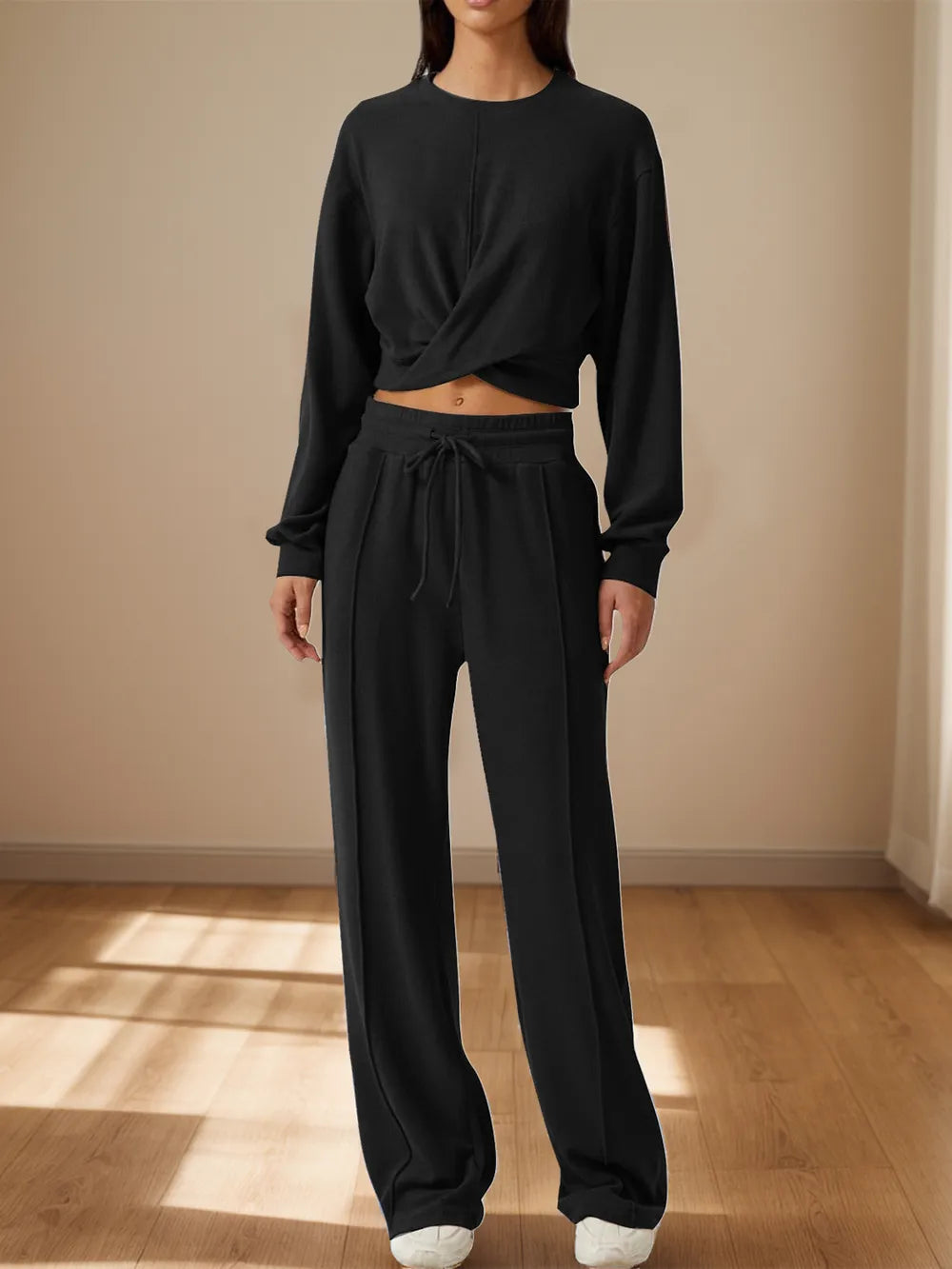 Crisscross Round Neck Top Drawstring Pants Set (11)