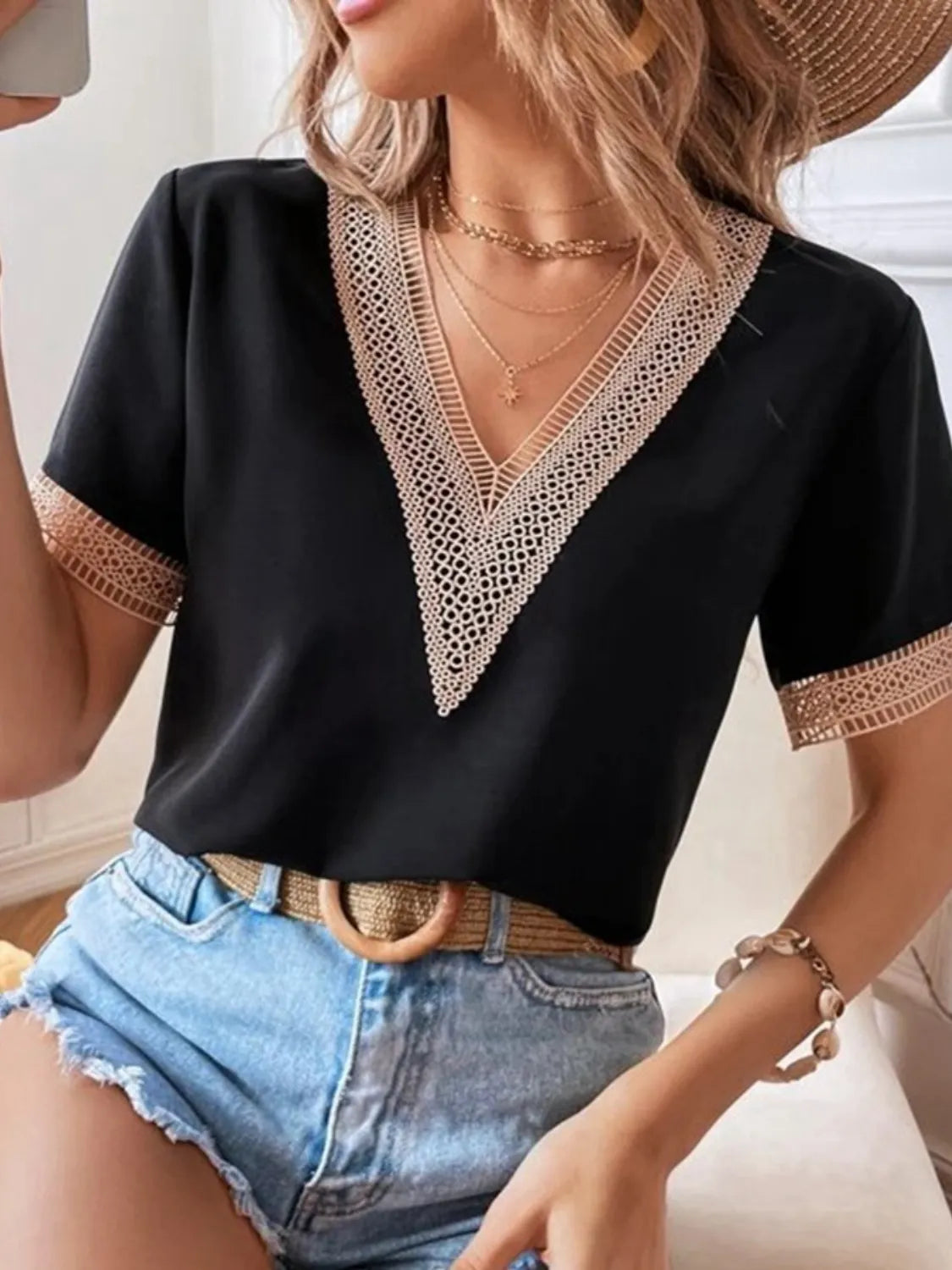 Full Size V-neck Short Sleeve Blouse Plus (6)