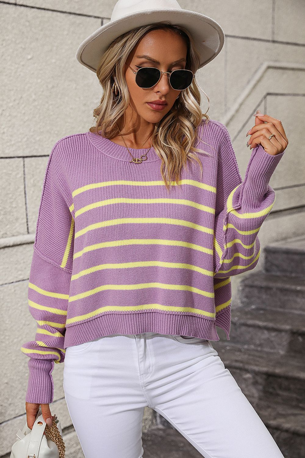 Striped Dropped Shoulder Round Neck Pullover Sweater (16)