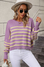 Striped Dropped Shoulder Round Neck Pullover Sweater (16)