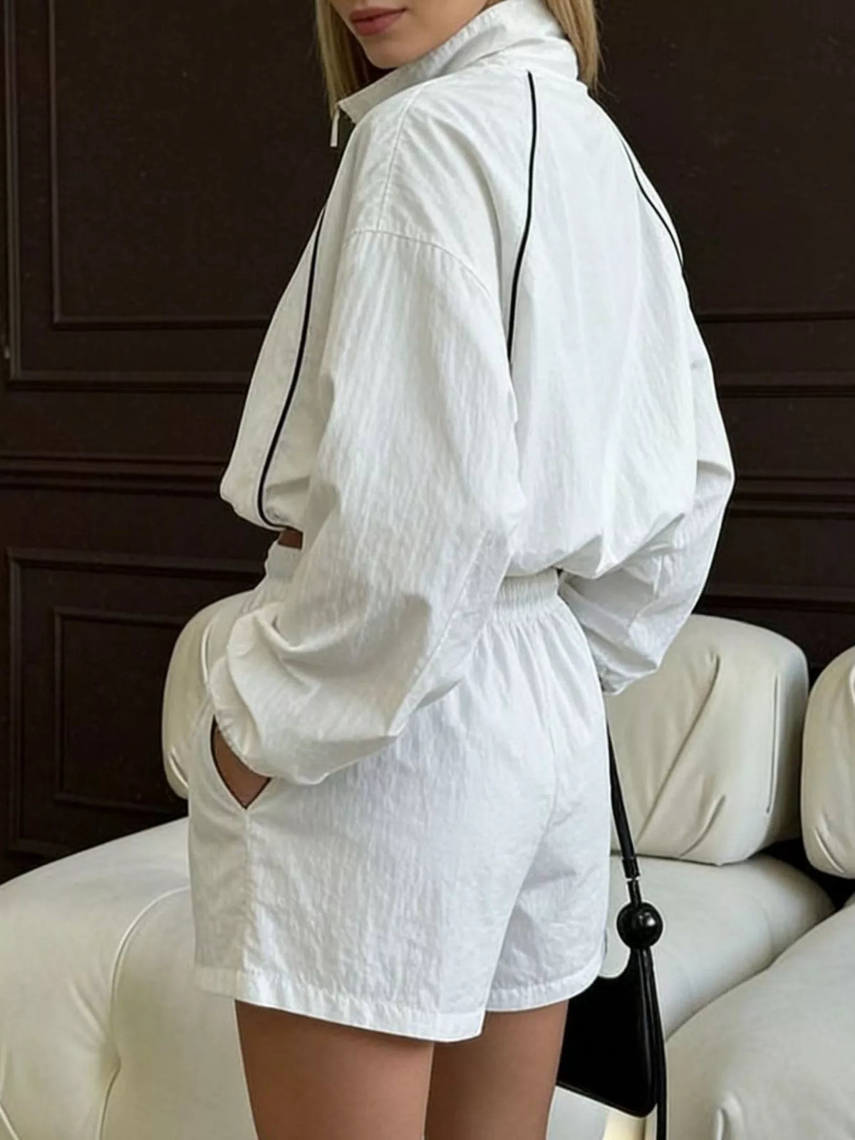 Zip Up Long Sleeve Outerwear Shorts Set (2)