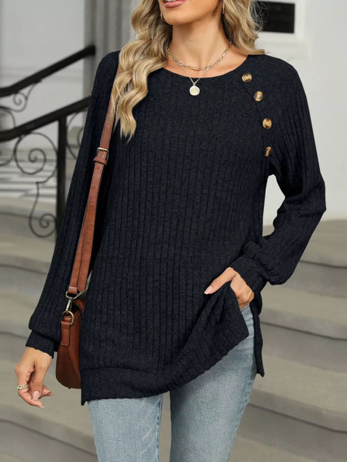 Round Neck Knit Button Top (17)