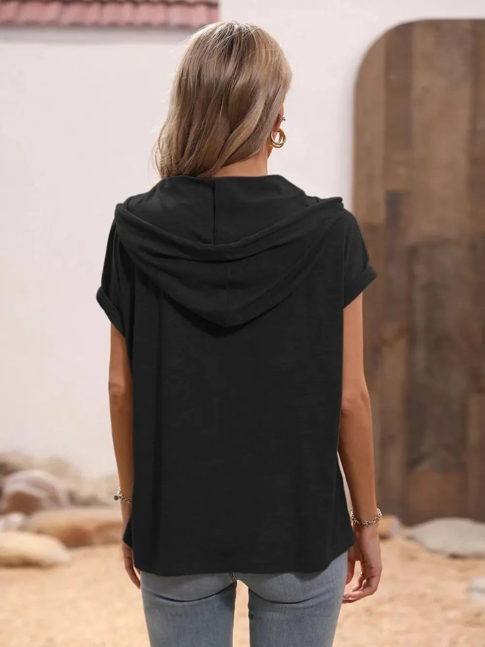 Half Button Hooded Short Sleeve Blouse (7)