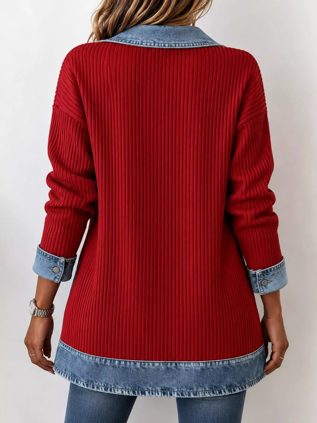 Full Size Denim Trim Ribbed Knit Cardigan Plus (20)