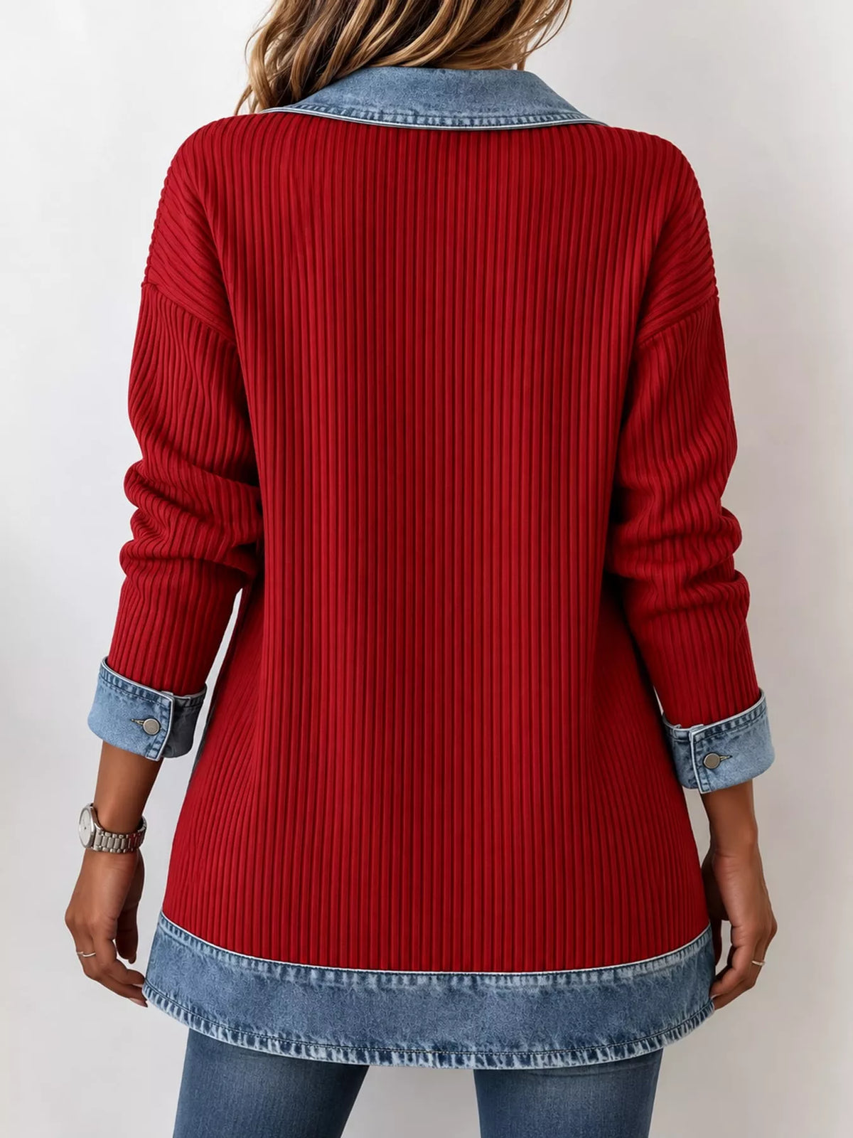 Full Size Denim Trim Ribbed Knit Cardigan Plus (20)