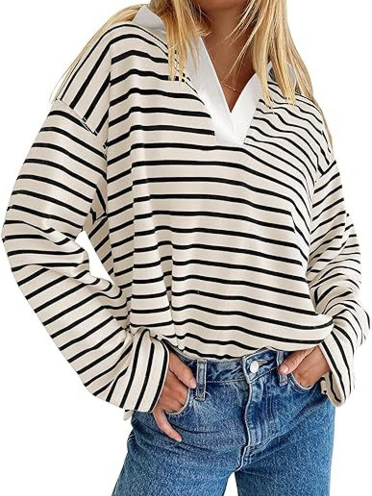 Striped Contrast Collar Long Sleeve Top (9)