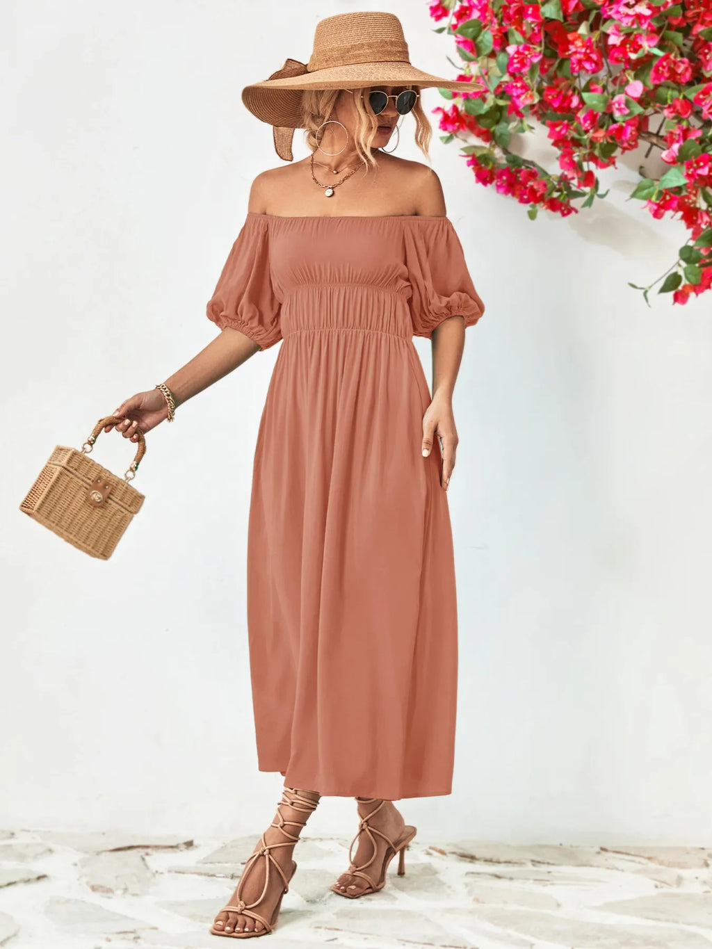 Off-shoulder Puff Sleeve Smocked Maxi Dress (10)