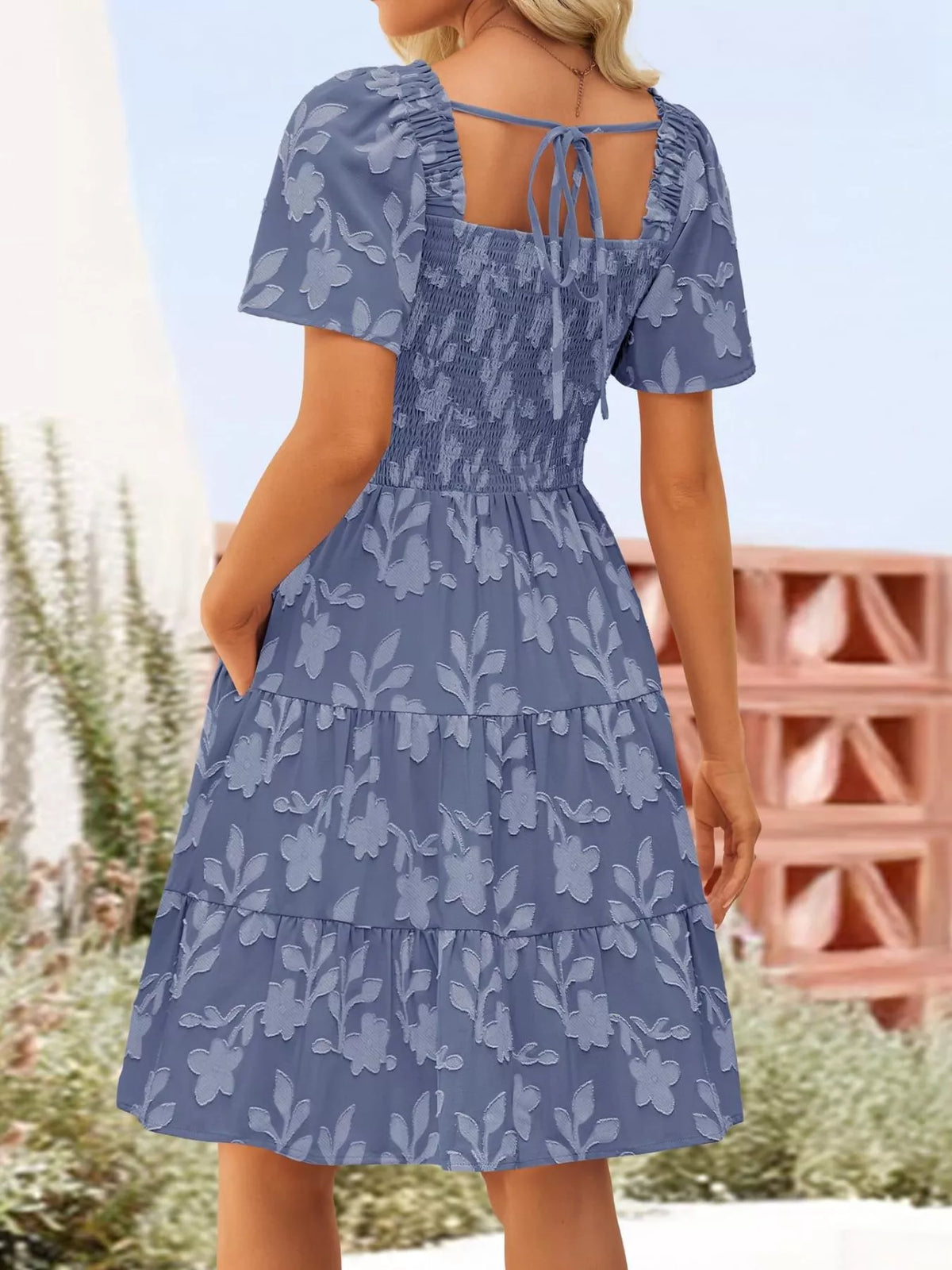 Smocked Square Neck Tiered Mini Dress (21)