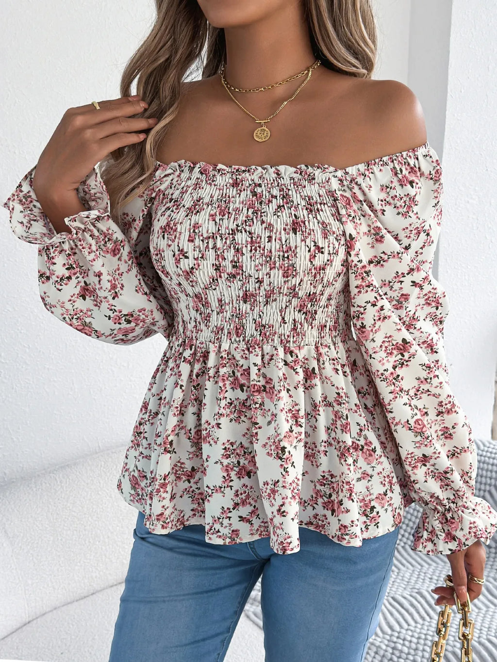 Floral Square Neck Flounce Sleeve Blouse (16)