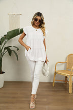 Swiss Dot Round Neck Tiered Blouse (8)