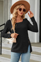 Slit Decorative Button Square Neck T-shirt (7)