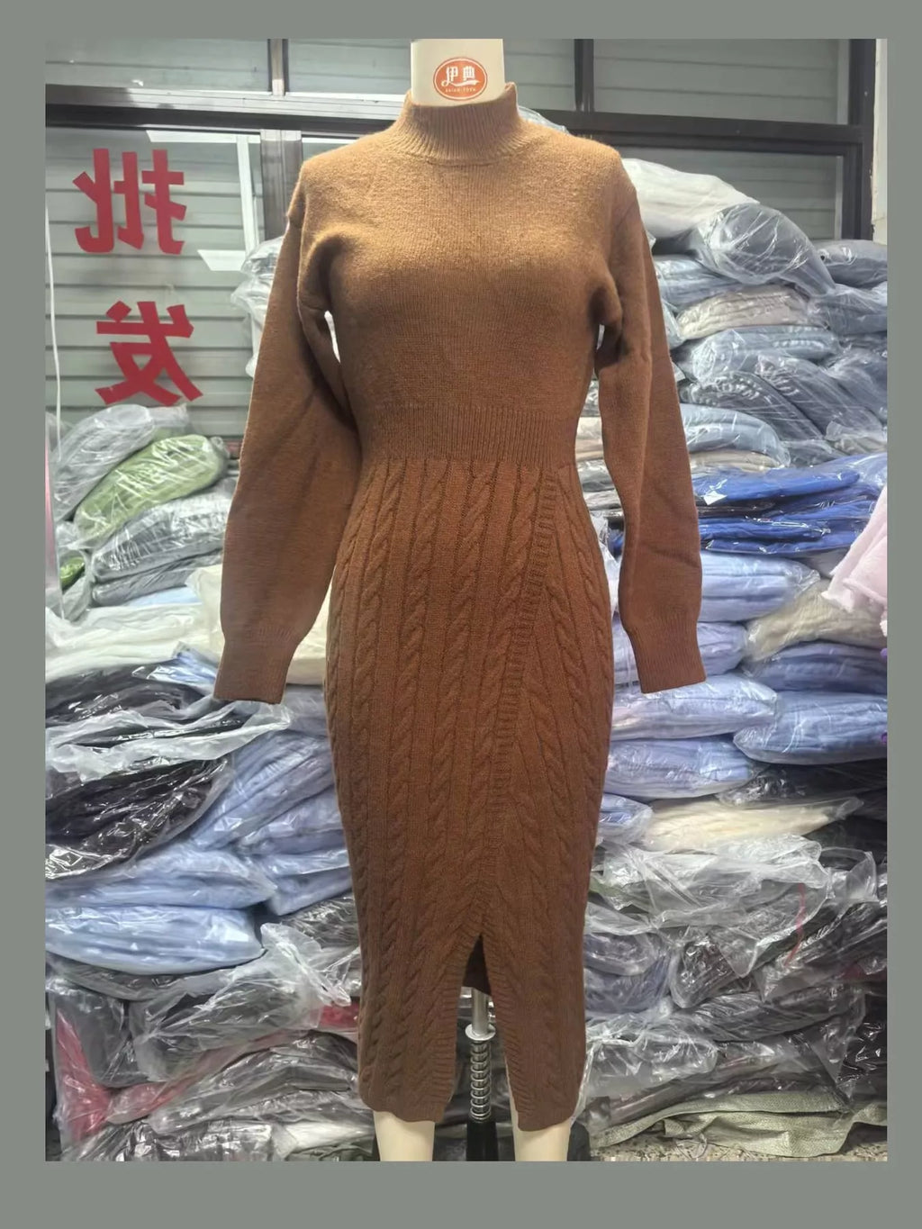 Full Size Mock Neck Cable Knit Sweater Dress Front Slit Plus (7)