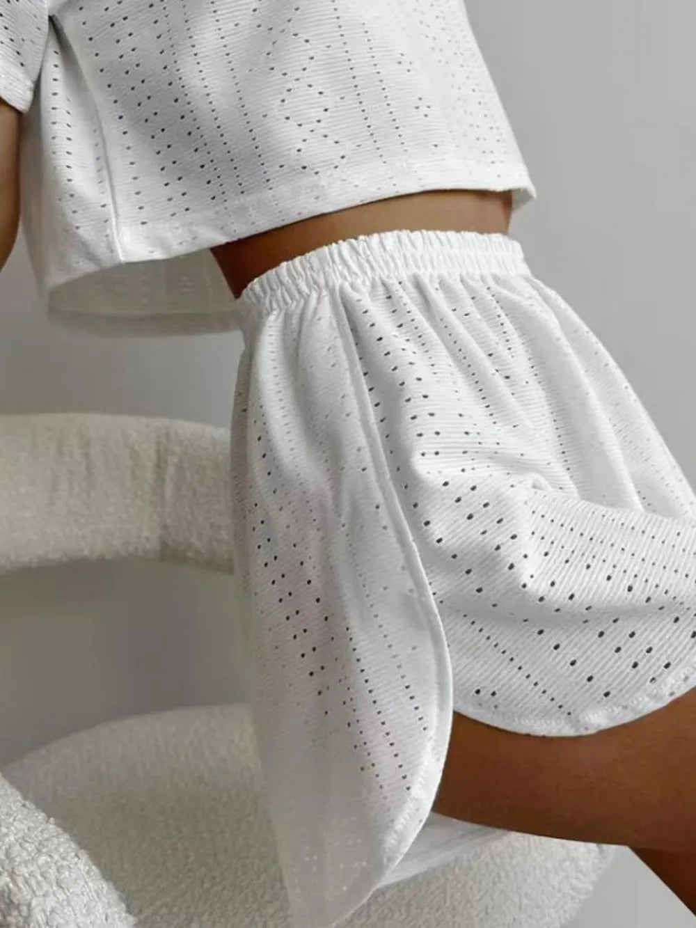 Eyelet Round Neck Top Shorts Set (4)