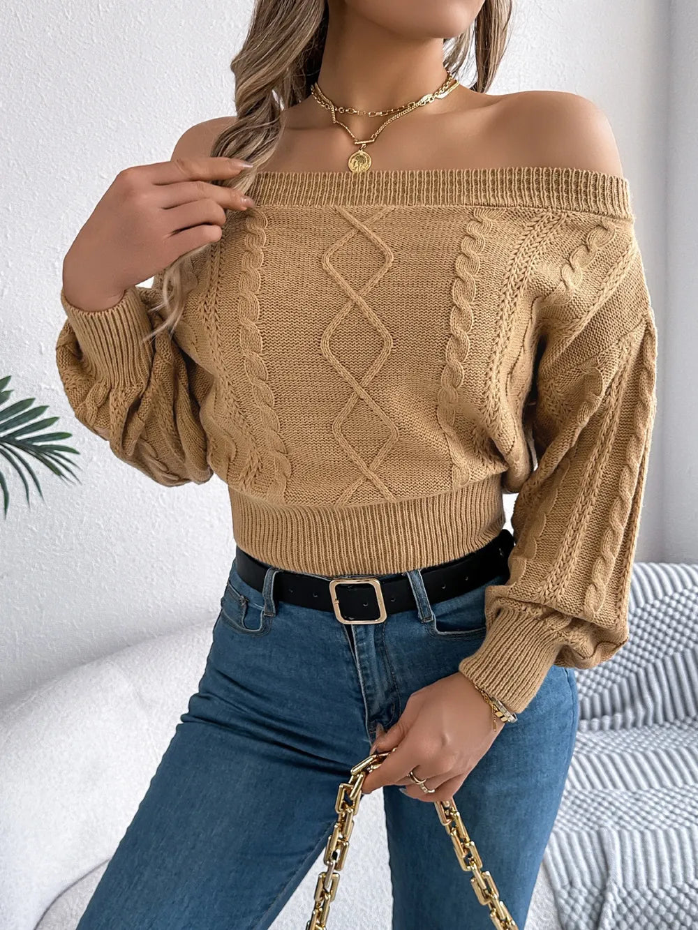 Cable Knit Off-shoulder Long Sleeve Sweater (3)