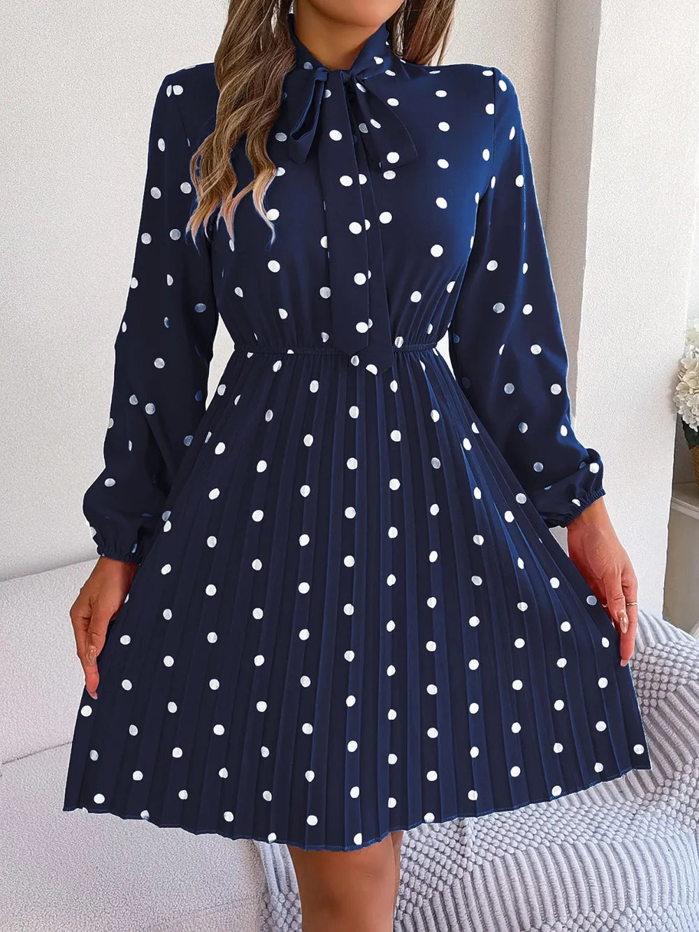Polka Dot Tie Neck Pleated Dress (9)