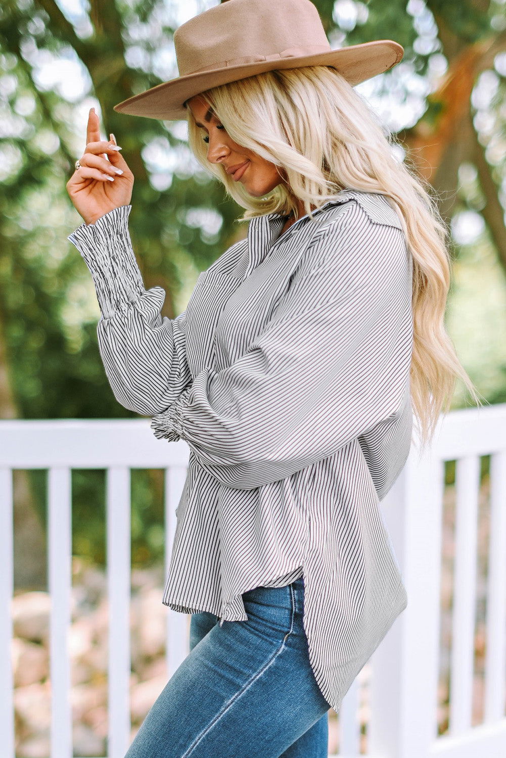 Striped Lantern Sleeve Collared Shirt (20)