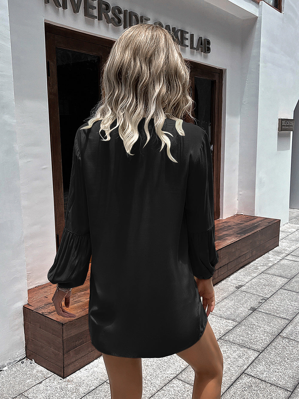 Notched Neck Balloon Sleeve Shirt (10)