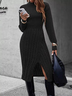 Full Size Mock Neck Cable Knit Sweater Dress Front Slit Plus (12)