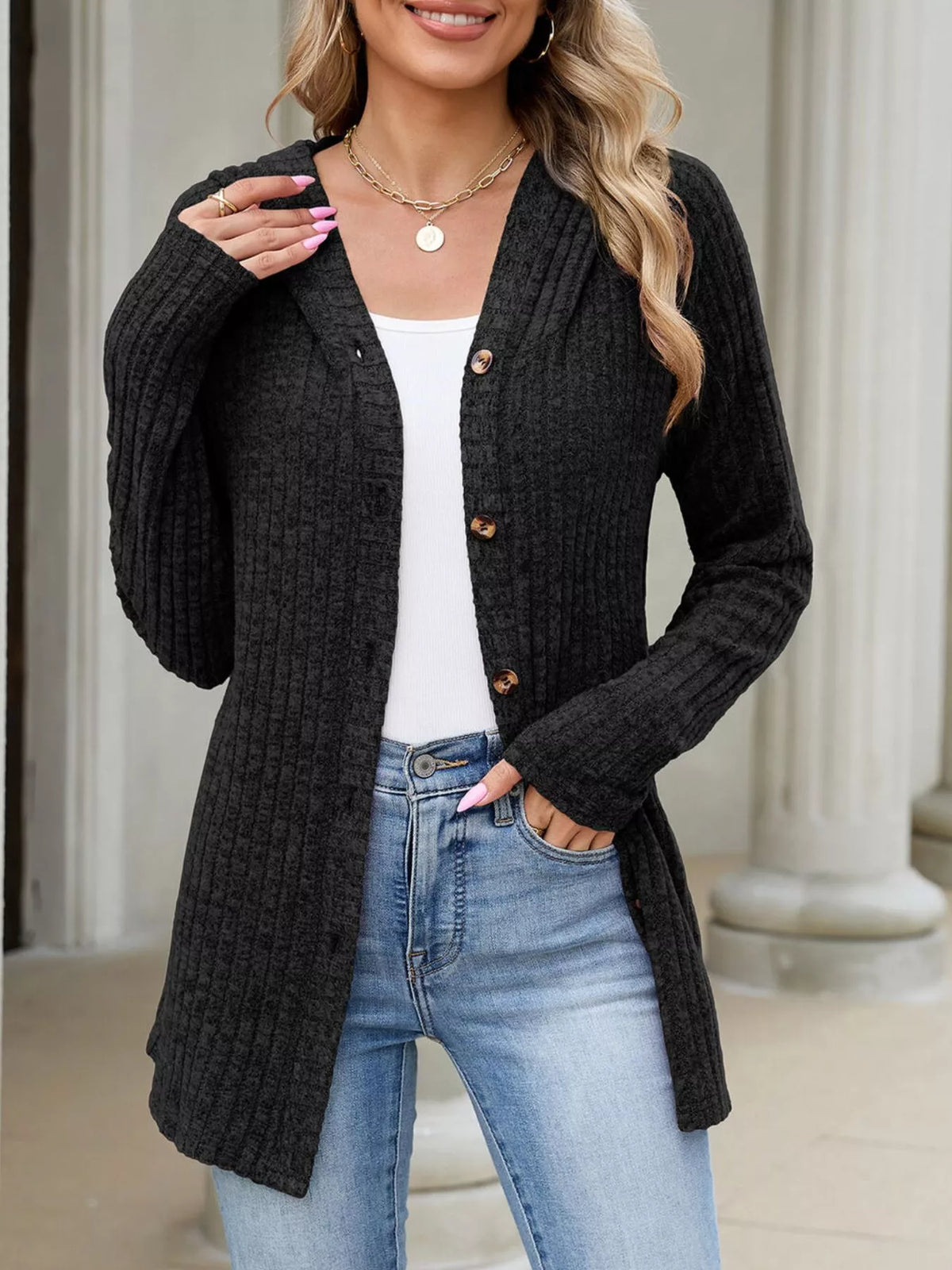 Ribbed Knit Hooded Button-down Cardigan (8)
