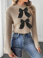 Bow-decorated Mock Neck Cropped Sweater (2)