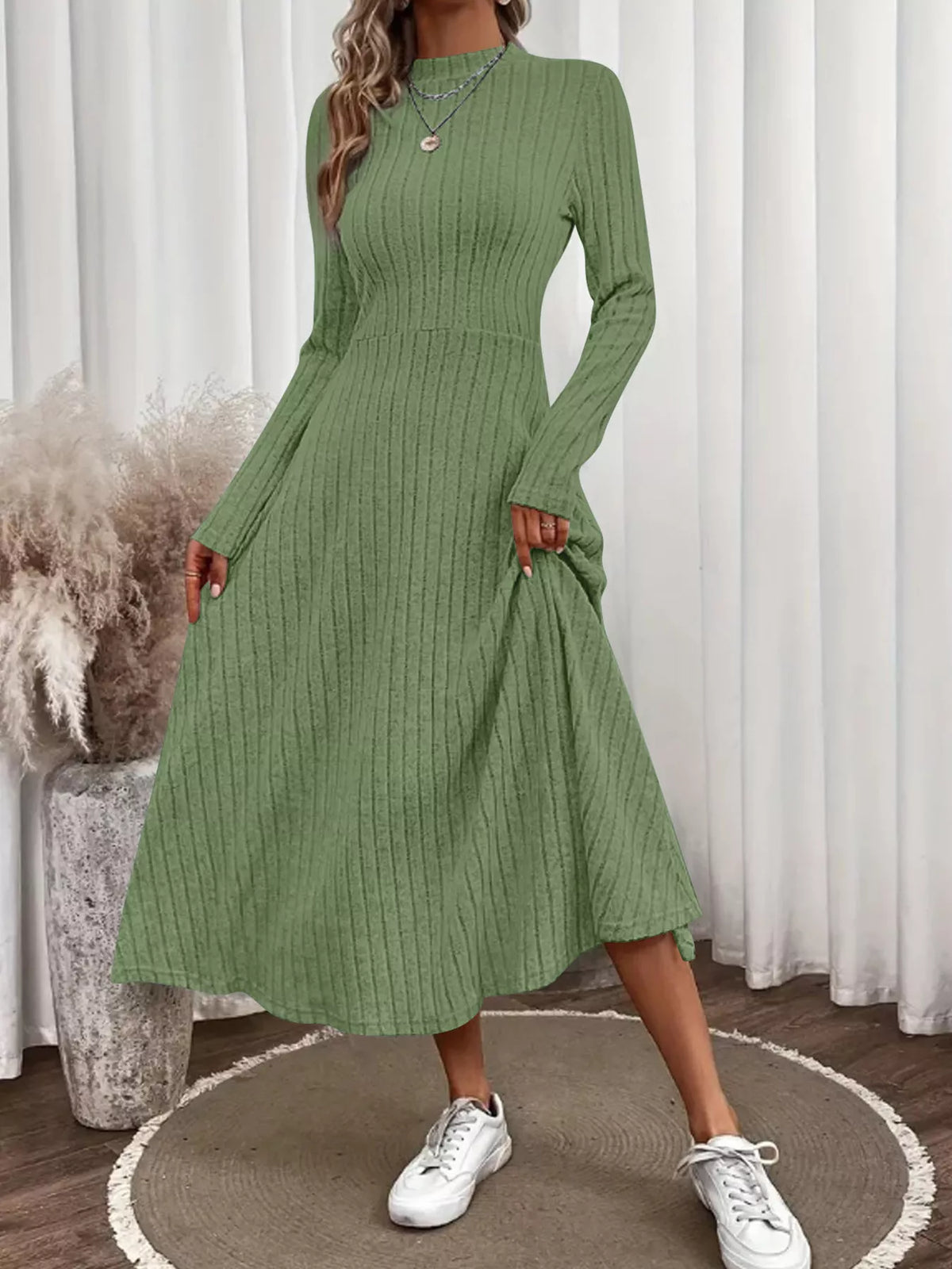 Ribbed Knit Long Sleeve Midi Dress (6)