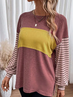 Round Neck Striped Long Sleeve Slit T-shirt (12)