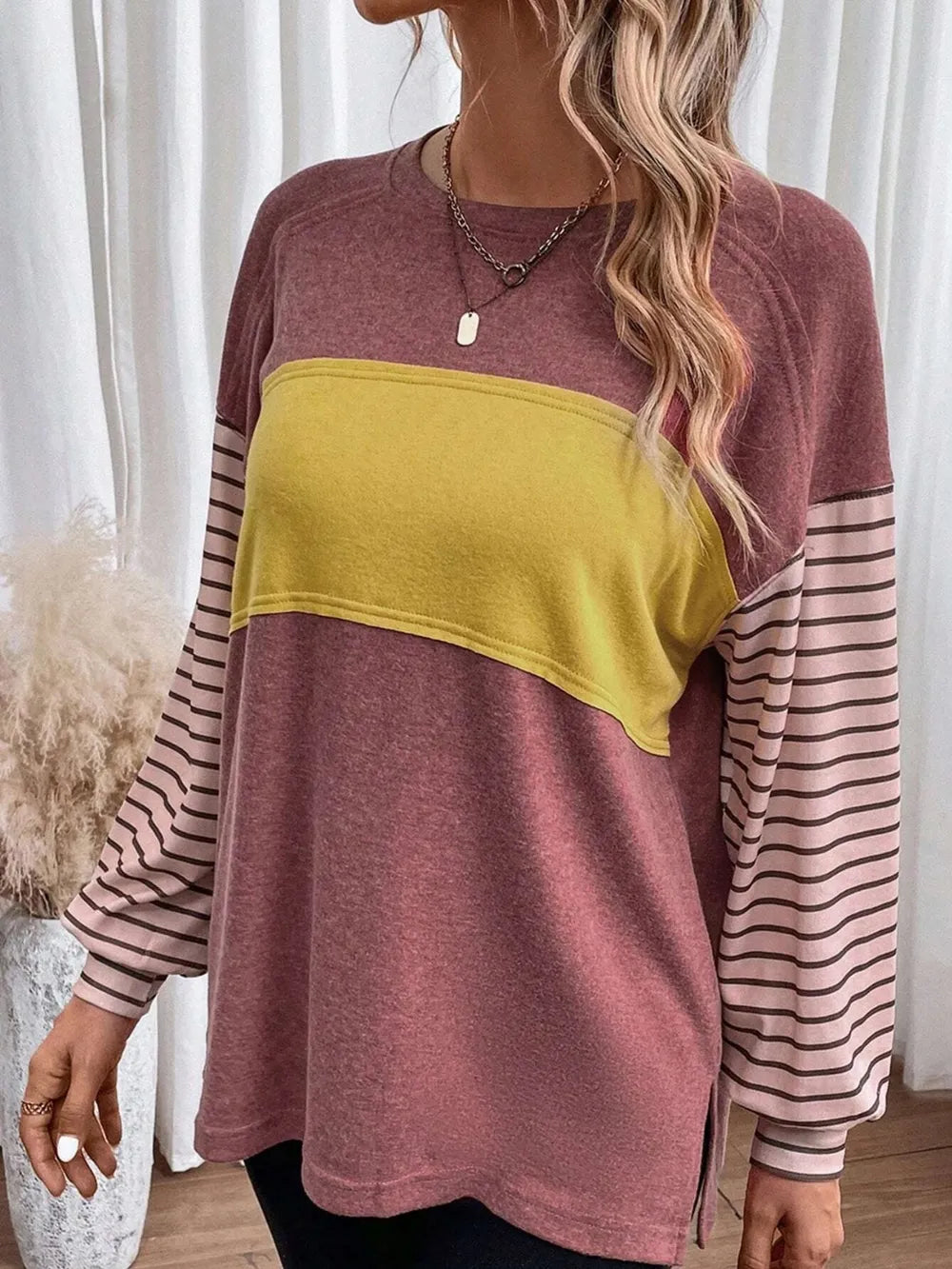 Round Neck Striped Long Sleeve Slit T-shirt (12)