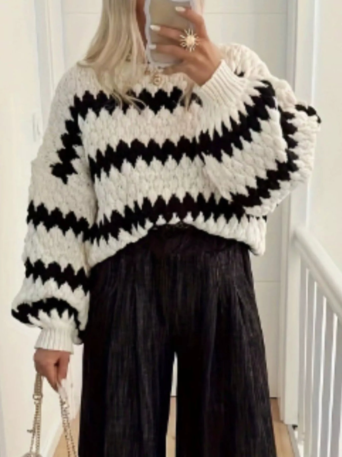 Striped Round Neck Dropped Shoulder Sweater (2)