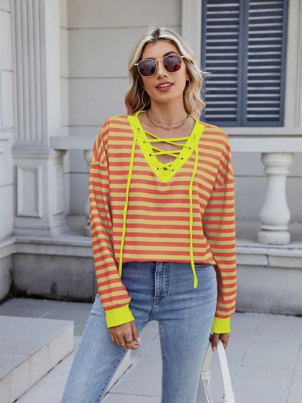 Lace-up Striped Long Sleeve T-shirt (11)