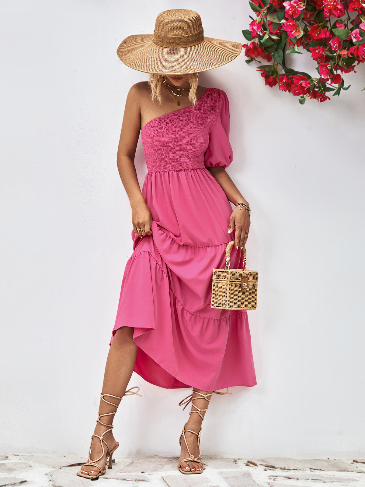 Smocked One-shoulder Midi Dress (5)