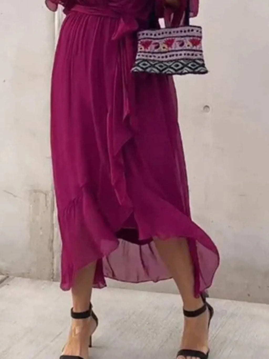 Full Size Flowy Tie Front Midi Dress Flutter Sleeves Plus (15)