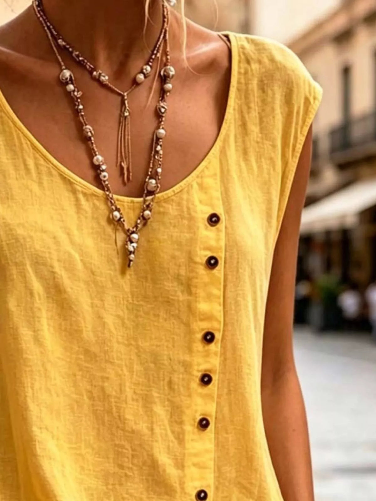 Full Size Round Neck Decor Button Tank Plus (6)