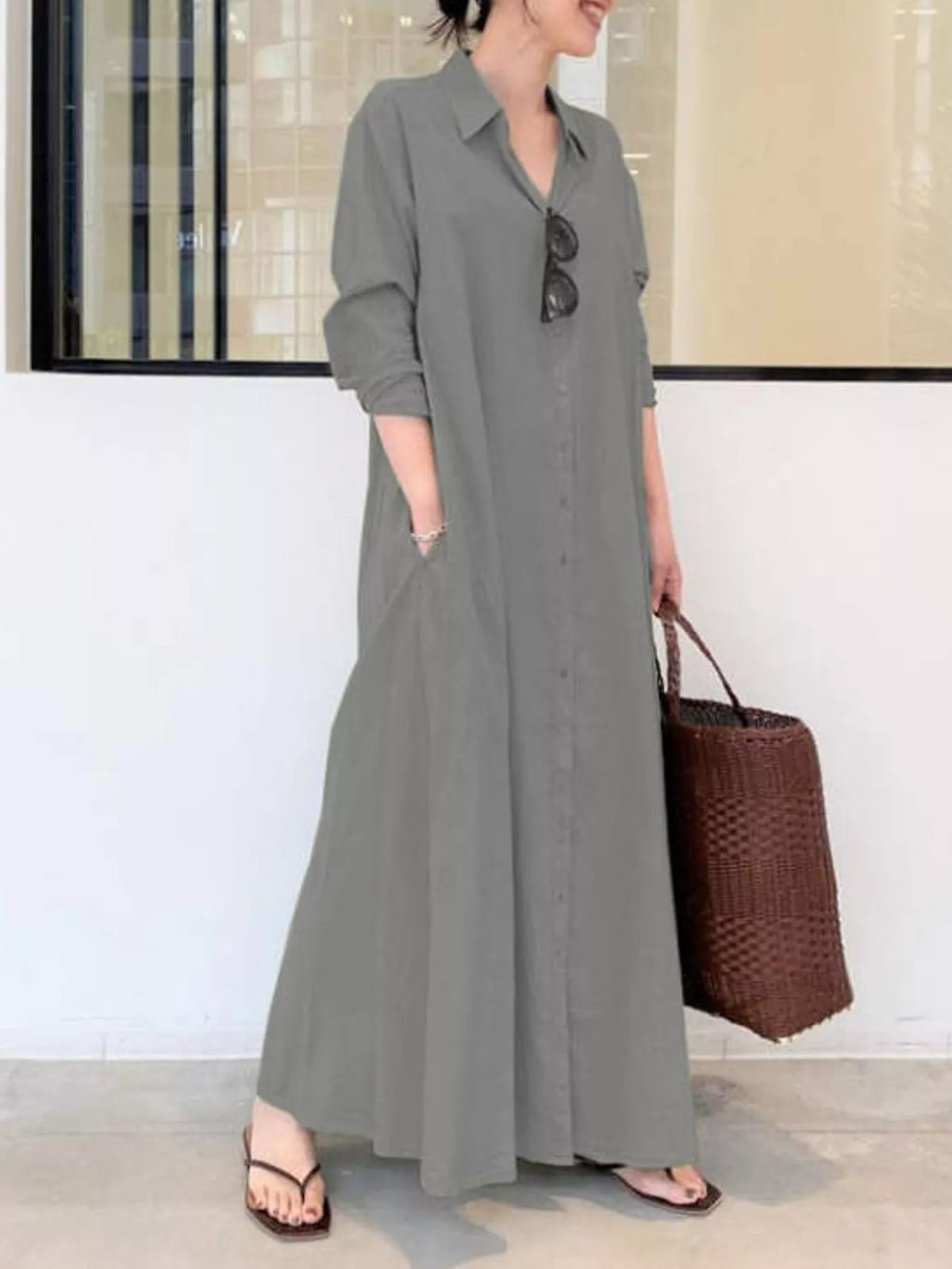 Full Size Button Front Long Sleeve Maxi Shirt Dress Plus (6)