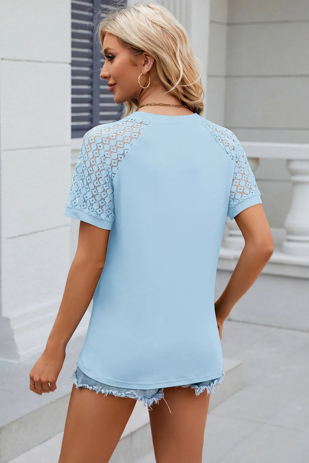 Openwork Round Neck Short Sleeve T-shirt (30)
